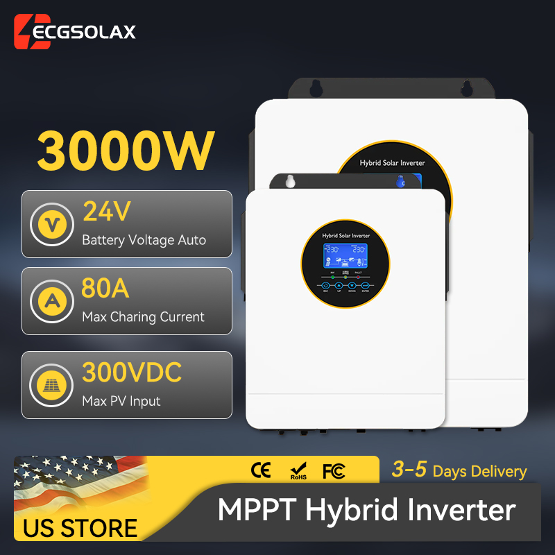 Inverter Pure Sine Wave 60Hz 120V 3000W - ECGSOLAX 3000W Off-Grid Hybrid Solar-Wechselrichter 24V